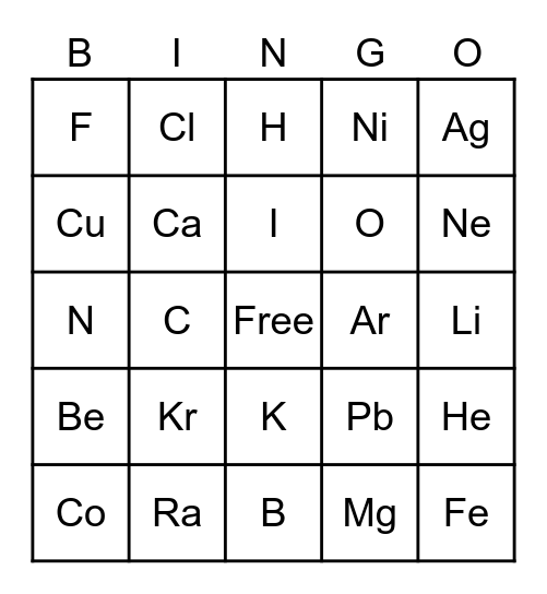 Periodic Table Bingo Card