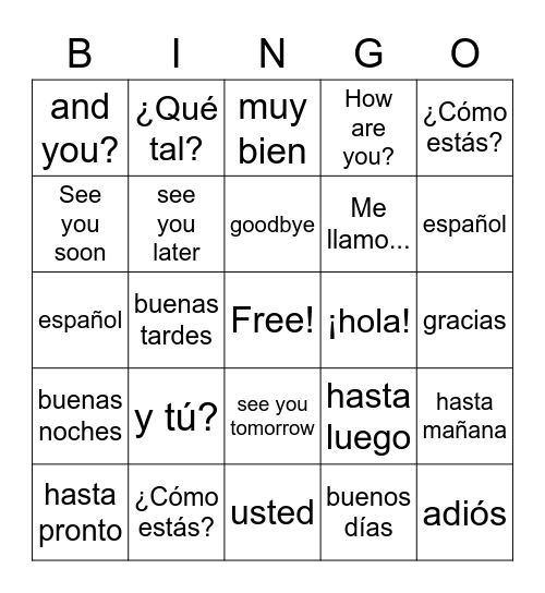 Spanish Greetings Bingo Card