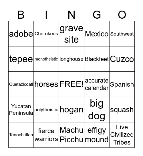 Native Americans Bingo Card