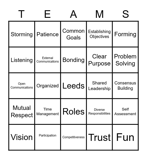 Team Charactertics Bingo Card