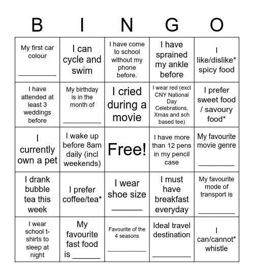 Get-To-Know-Your-Classmates Bingo Card