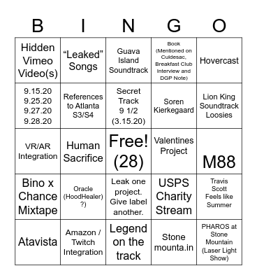 Donald Glover Bingo Card