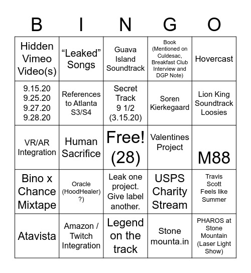 Donald Glover Bingo Card