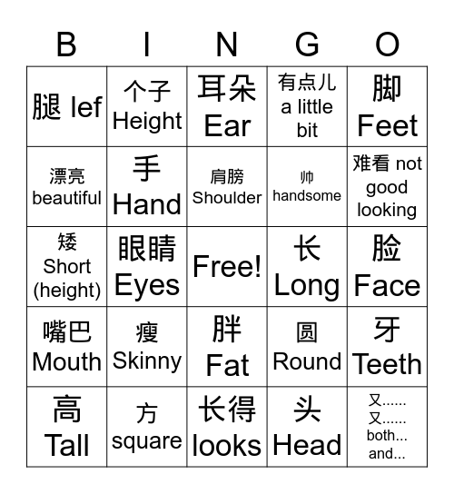 长相 Bingo Card