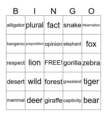 Animals from All Over Bingo Card