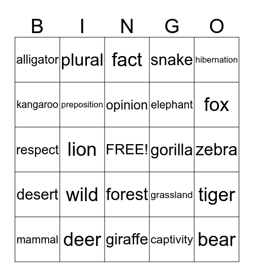 Animals from All Over Bingo Card