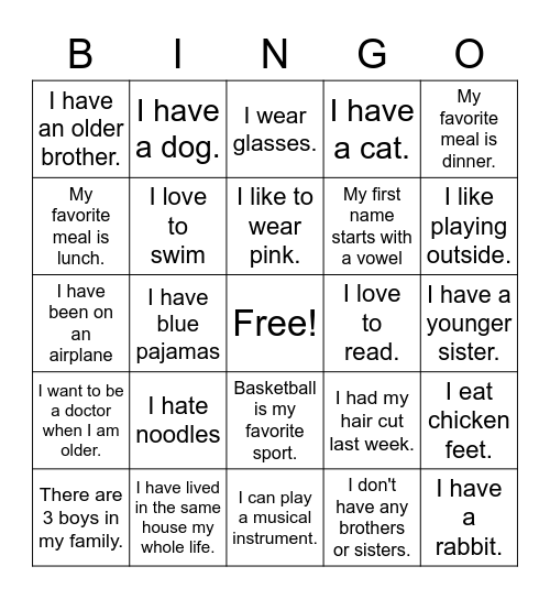 Ask your classmates! Each student can sign 1 box. Bingo Card