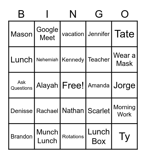 Robinson 5th Bingo Game Bingo Card