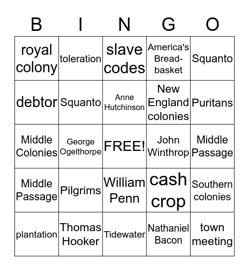 13 Colonies and More Bingo Card