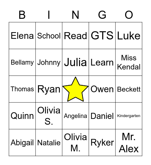 Kindergarten Bingo Card