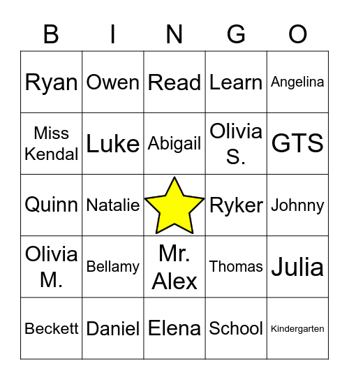 Kindergarten Bingo Card