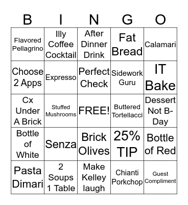 Macaroni Grill Turkey Bingo Card