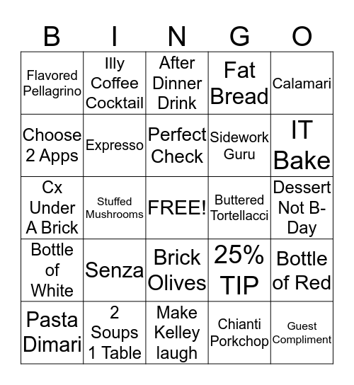 Macaroni Grill Turkey Bingo Card