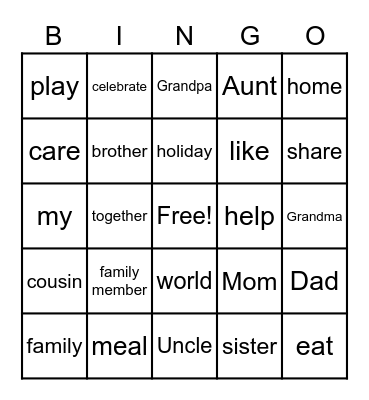 Family Vocabulary Bingo Card