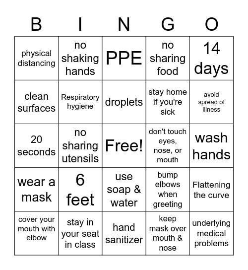 Social Distancing Bingo Card