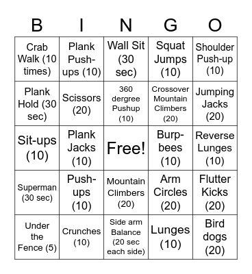 Fitness BINGO Card