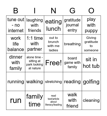 Self Care Board Bingo Card