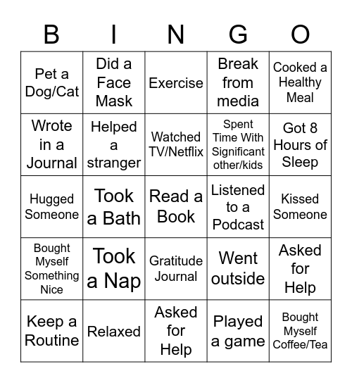 Self Care- Rachel Bingo Card