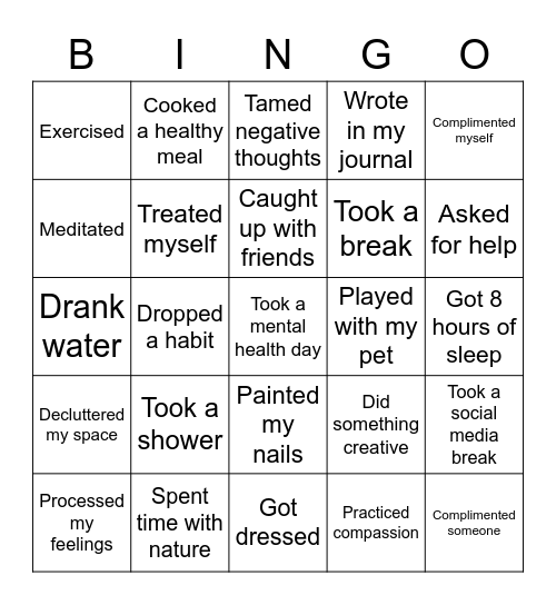 Wellness Tool Bingo Card