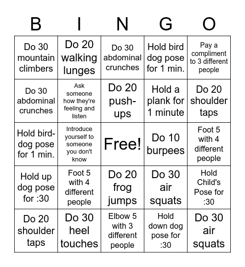 P.E. BINGO Card