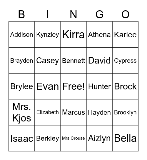 Our Classmates Bingo Card