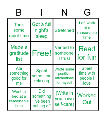 Self Care Bingo Card