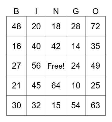 Multiplication Bingo Card