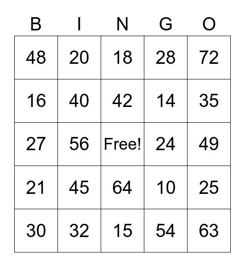 Multiplication Bingo Card