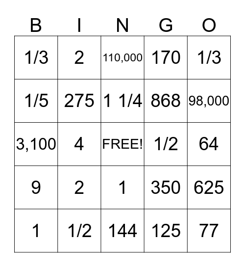 Fractions Bingo Card