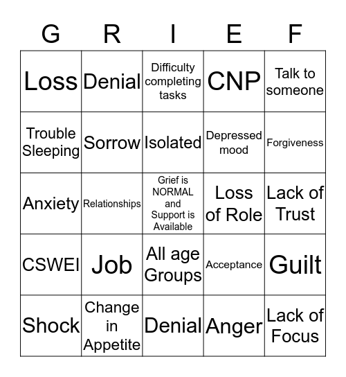 Good Grief Bingo Card