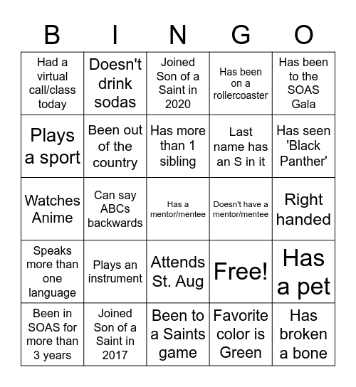 SOAS Bingo Card