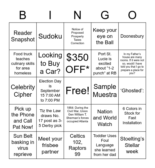 Newspaper Bingo Card