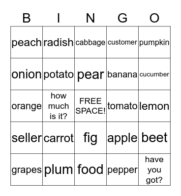 Fruit and vegetables  Bingo Card