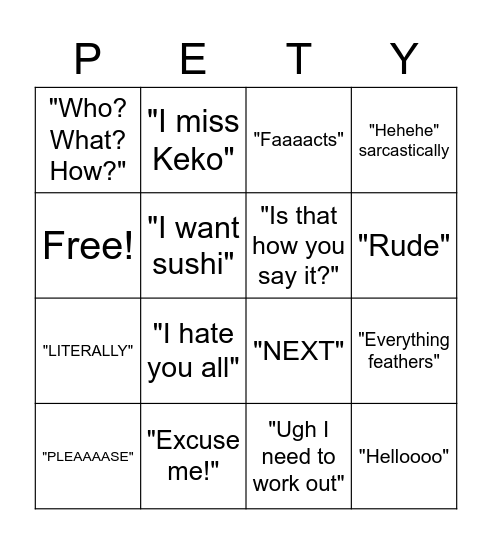 Pety says Bingo Card