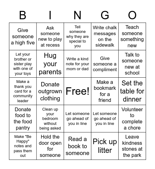 Kindness Bingo Card