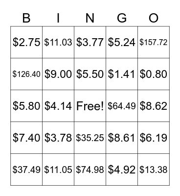 Money Bingo Card