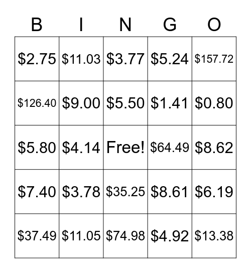 Money Bingo Card