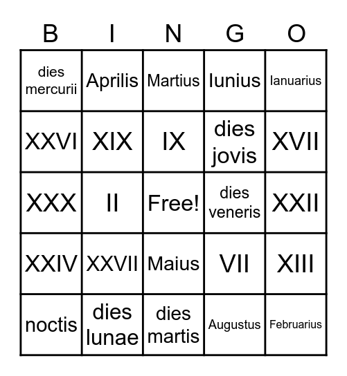 Days/Months/Roman Numerals Bingo Card