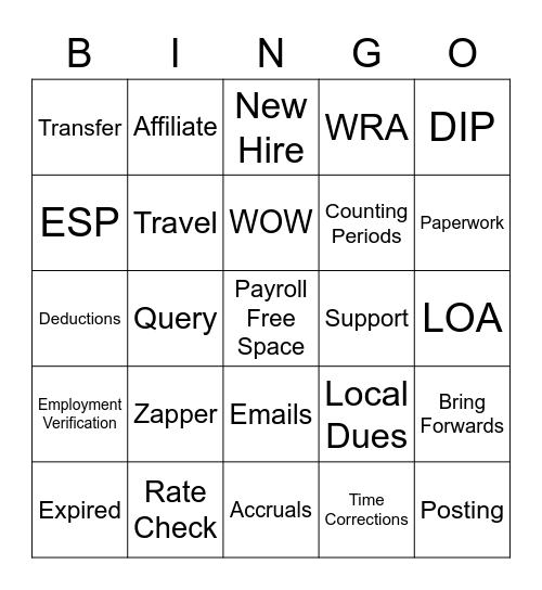 Payroll Bingo Card