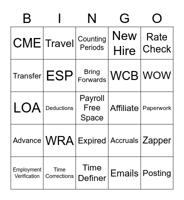 Payroll Bingo Card