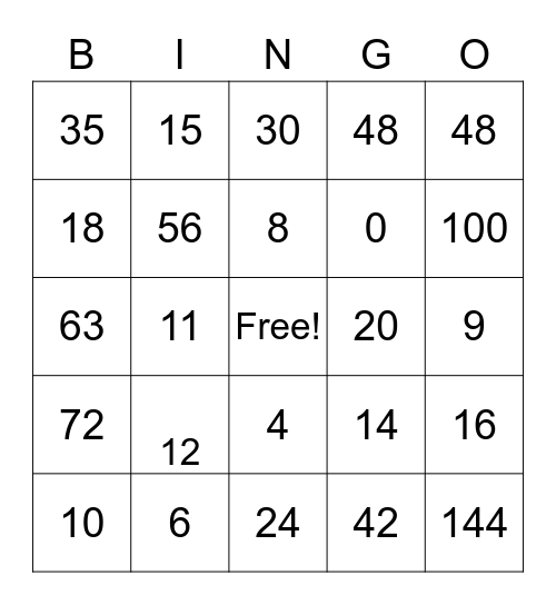 Multiplication Bingo Card