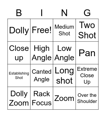 Camera Shots Bingo Card