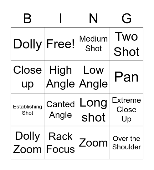 Camera Shots Bingo Card