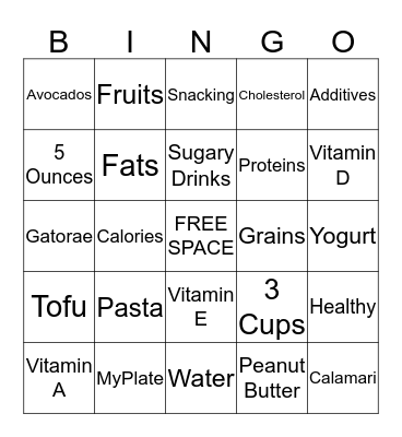 Nutrition Bingo Card