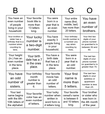 Math Bingo:  Getting To Know My Classmates Bingo Card