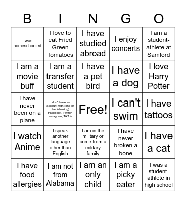 Get To Know Me Bingo Card
