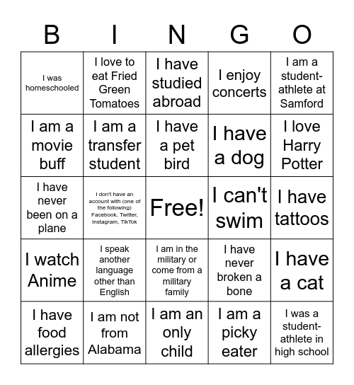 Get To Know Me Bingo Card