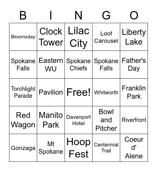 Spokane Bingo Card