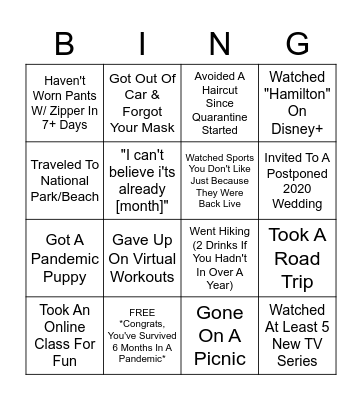 Quarantine Bingo: 6 Months In Bingo Card