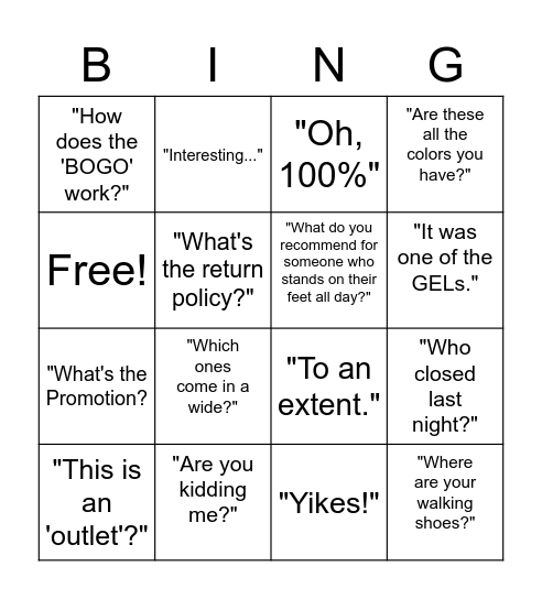 ASICS Bingo Card